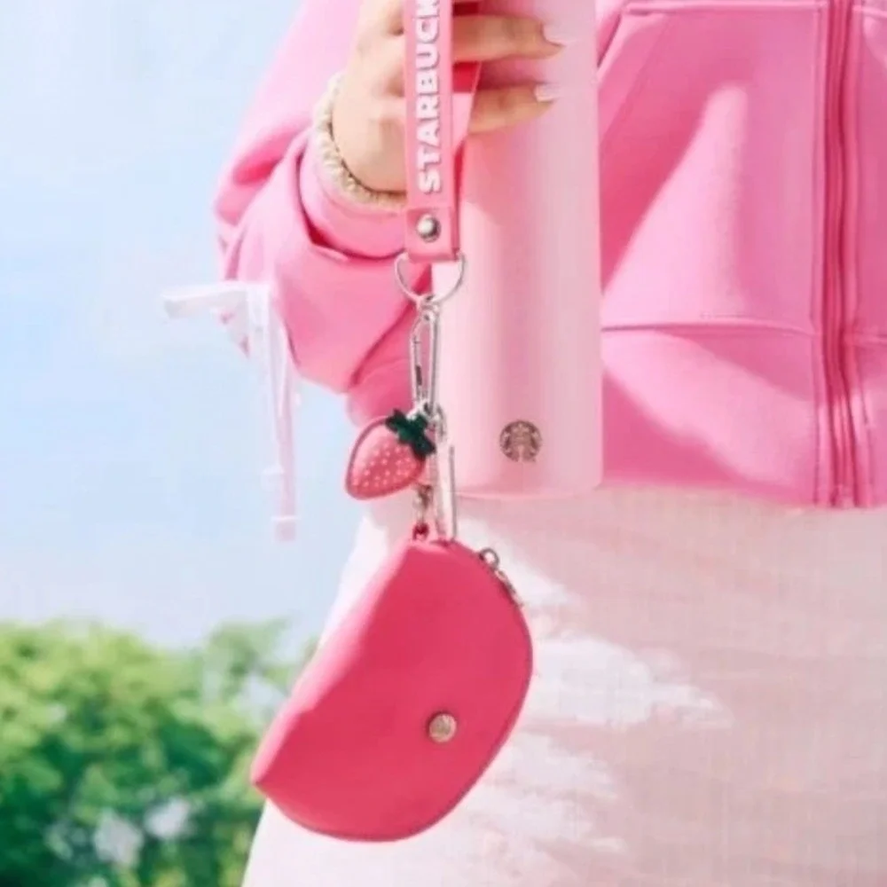Starbucks Pouch Wristlet Keychain Womens OS Pink Strawberry Drink Charms NWT